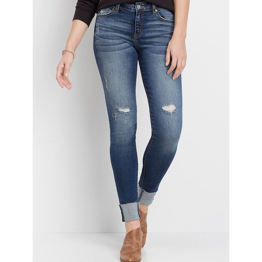 KanCan Destructed Skinny Jeans Size 30 Medium Wash Cuffed Stretch Denim Mid-Rise